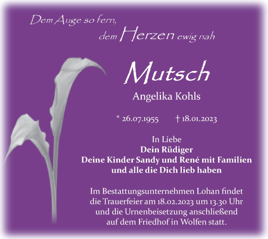 Traueranzeige von Angelika Kohls von Trauerkombi Bitterfeld