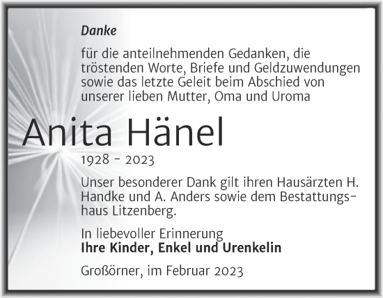 Traueranzeige von Anita Hänel von Trauerkombi Mansfelder Land