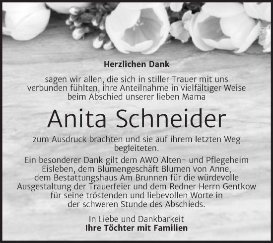 Traueranzeige von Anita Schneider von Trauerkombi Mansfelder Land