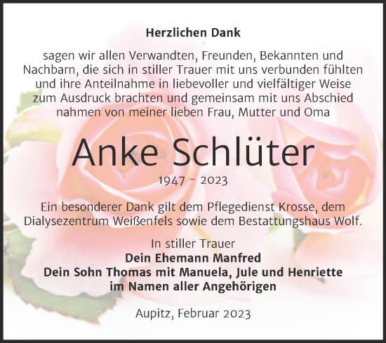 Traueranzeige von Anke Schlüter von Trauerkombi Weißenfels