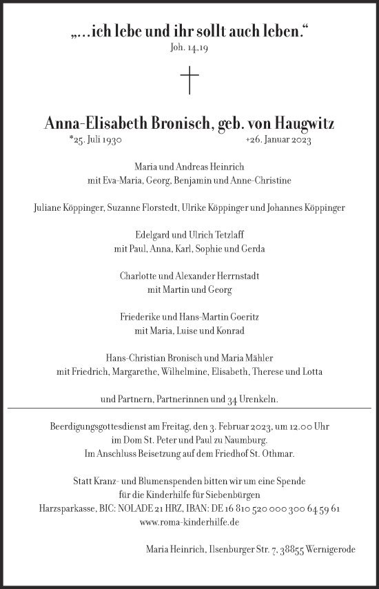 Traueranzeige von Anna-Elisabeth Bronisch von Naumburger Tageblatt