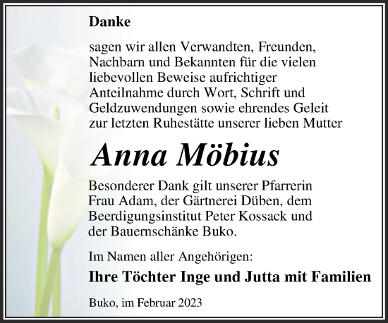 Traueranzeige von Anna Möbius von Trauerkombi Wittenberg