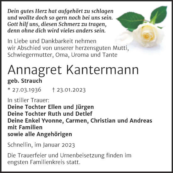 Traueranzeige von Annagret Kantermann von Trauerkombi Wittenberg