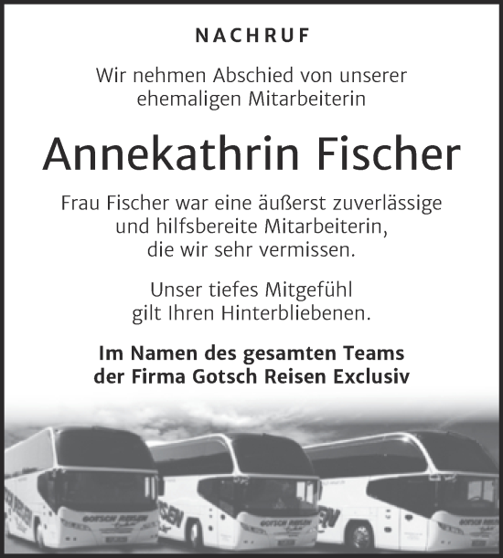 Traueranzeige von Annekathrin Fischer von Super Sonntag Köthen