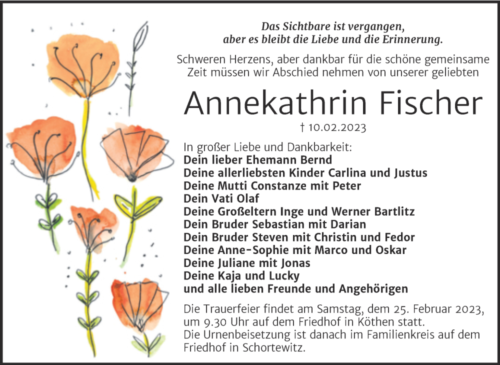  Traueranzeige für Annekathrin Fischer vom 18.02.2023 aus Trauerkombi Köthen