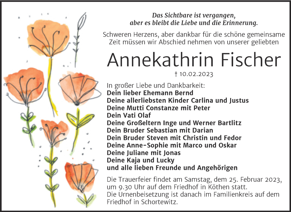  Traueranzeige für Annekathrin Fischer vom 17.02.2023 aus Trauerkombi Köthen
