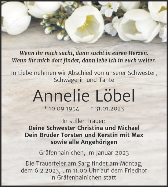 Traueranzeige von Annelie Löbel von Trauerkombi Wittenberg