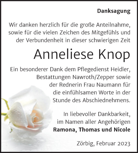 Traueranzeige von Anneliese Knop von Trauerkombi Bitterfeld