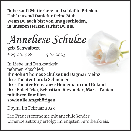 Traueranzeige von Anneliese Schulze von Trauerkombi Aschersleben