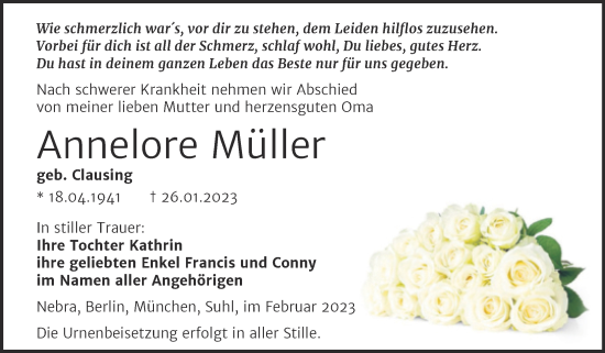 Traueranzeige von Annelore Müller von Wochenspiegel Naumburg/Nebra