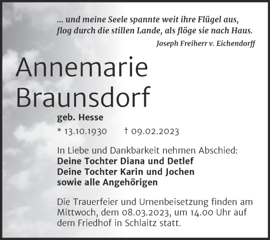 Traueranzeige von Annemarie Braunsdorf von Trauerkombi Wittenberg