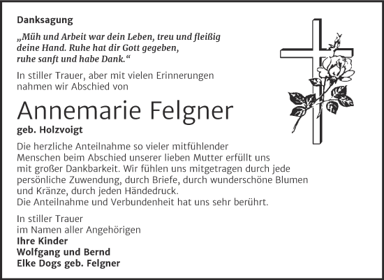 Traueranzeige von Annemarie Felgner von Trauerkombi Dessau