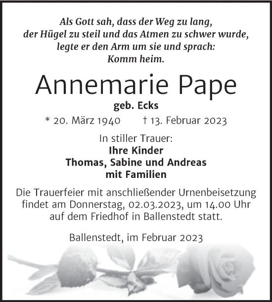 Traueranzeige von Annemarie Pape von Trauerkombi Quedlinburg