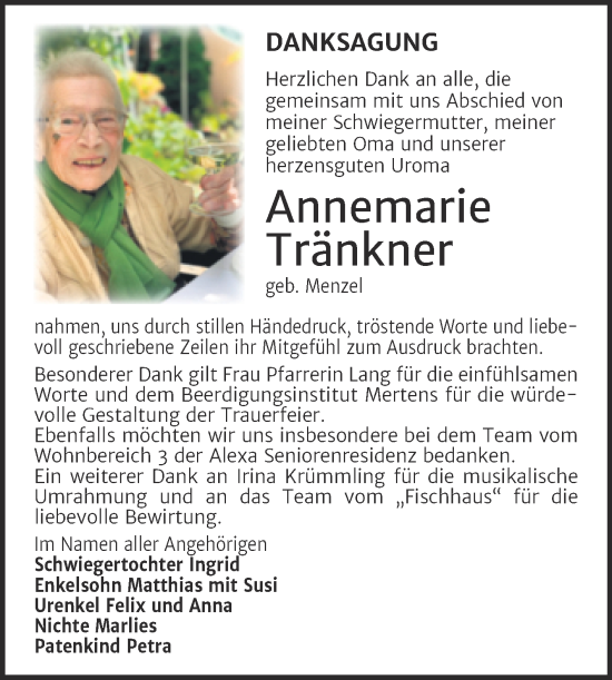 Traueranzeige von Annemarie Tränkner von Naumburger Tageblatt