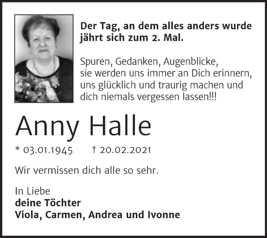 Traueranzeige von Anny Halle von Trauerkombi Wittenberg