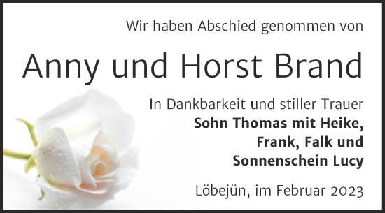 Traueranzeige von Anny und Horst Brand von Mitteldeutsche Zeitung Halle/Saalkreis