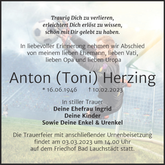 Traueranzeige von Anton Herzing von Trauerkombi Merseburg