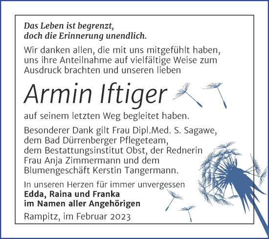 Traueranzeige von Armin Iftiger von Trauerkombi Merseburg