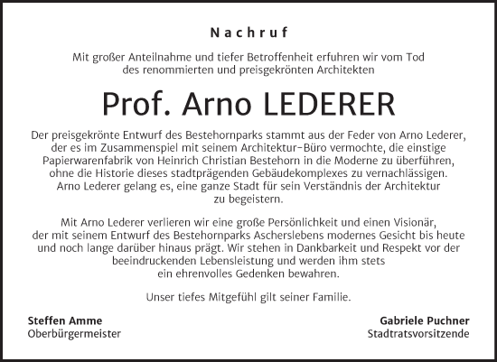 Traueranzeige von Arno Lederer von Wochenspiegel Aschersleben