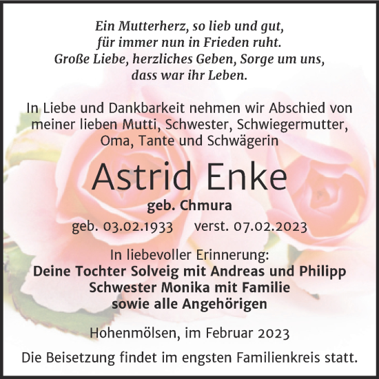 Traueranzeige von Astrid Enke von Trauerkombi Weißenfels