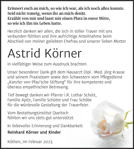 Traueranzeige von Astrid Körner von Trauerkombi Köthen