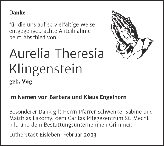 Traueranzeige von Aurelia Theresia Klingenstein von Trauerkombi Mansfelder Land