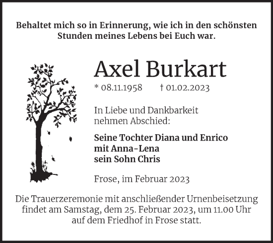 Traueranzeige von Axel Burkart von Trauerkombi Aschersleben