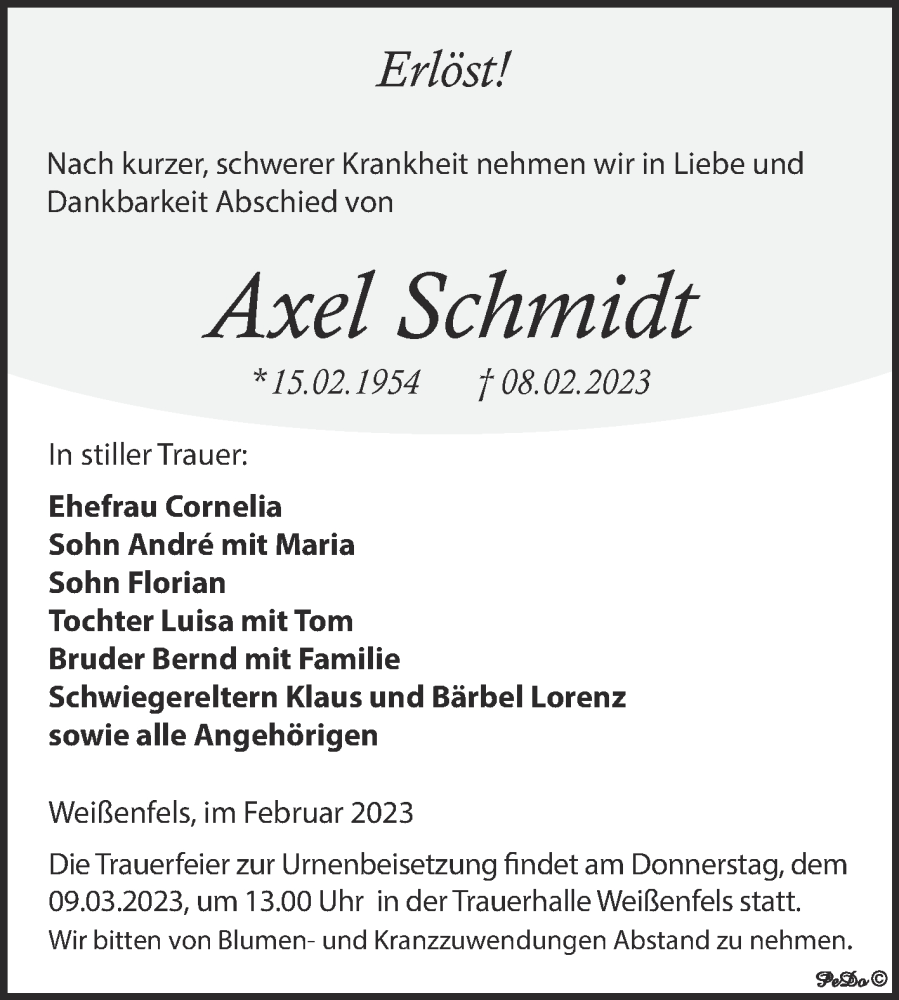 Traueranzeige für Axel Schmidt vom 18.02.2023 aus Trauerkombi Weißenfels