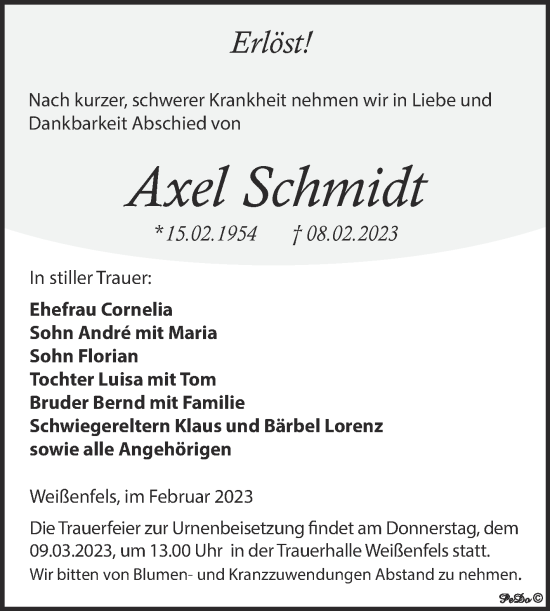 Traueranzeige von Axel Schmidt von Trauerkombi Weißenfels