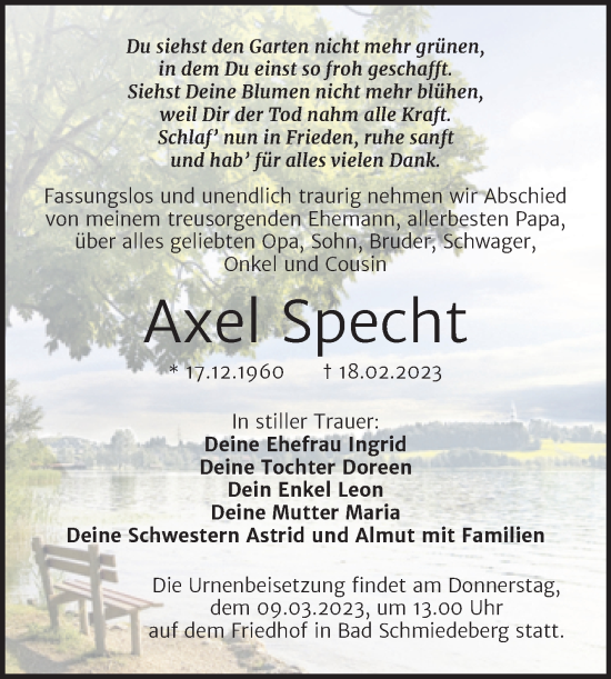 Traueranzeige von Axel Specht von Trauerkombi Wittenberg