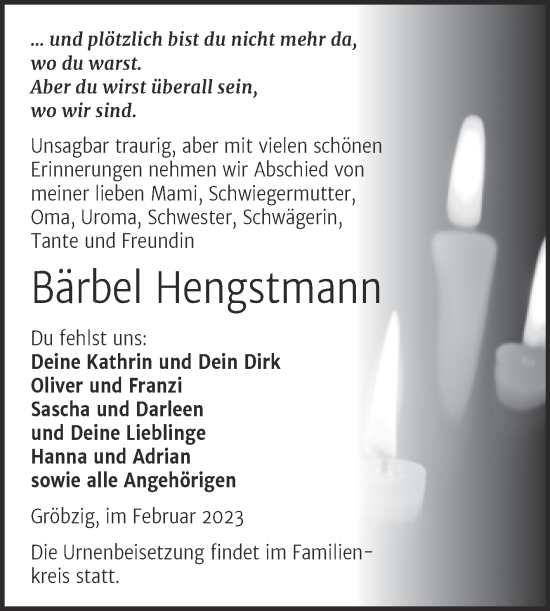 Traueranzeige von Bärbel Hengstmann von Trauerkombi Köthen