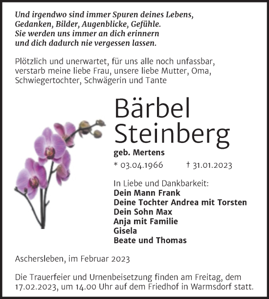Traueranzeige von Bärbel Steinberg von Trauerkombi Aschersleben