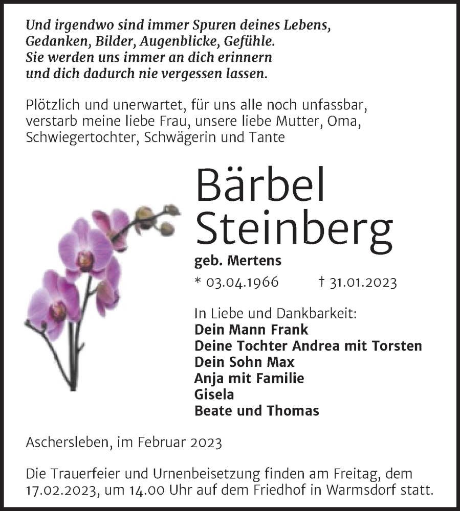  Traueranzeige für Bärbel Steinberg vom 04.02.2023 aus Trauerkombi Aschersleben