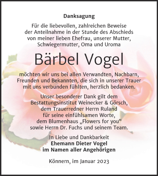 Traueranzeige von Bärbel Vogel von Trauerkombi Bernburg