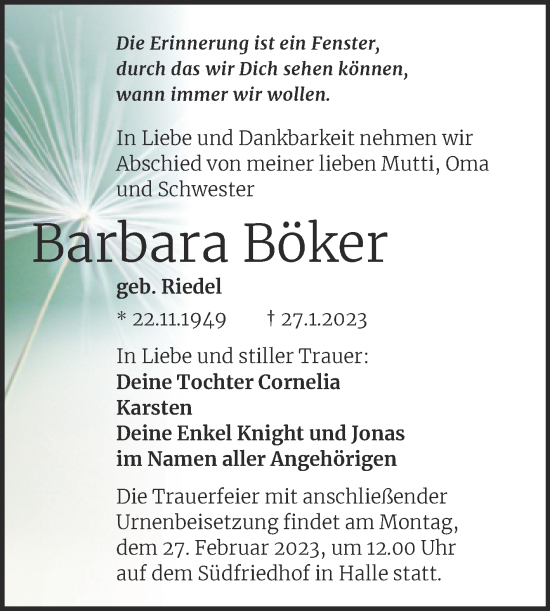 Traueranzeige von Barbara Böker von Mitteldeutsche Zeitung Halle/Saalkreis