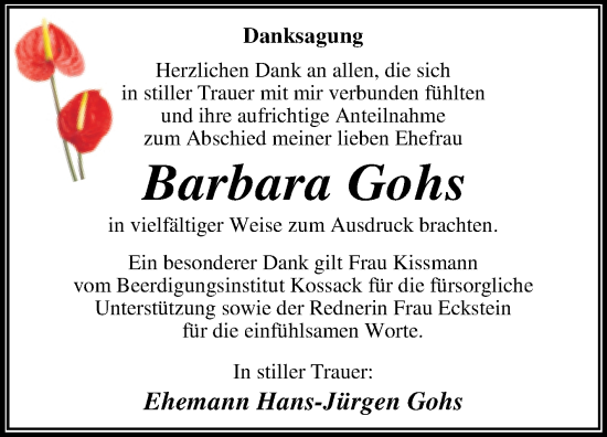 Traueranzeige von Barbara Gohs von Trauerkombi Dessau