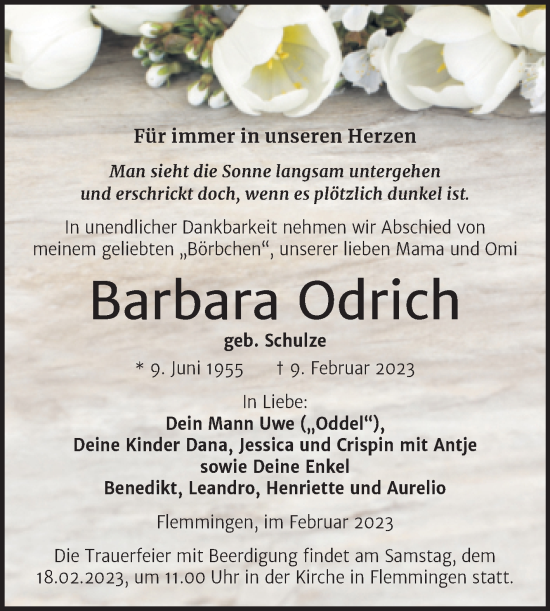 Traueranzeige von Barbara Odrich von Wochenspiegel Naumburg/Nebra