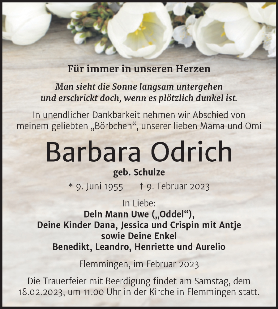 Traueranzeige für Barbara Odrich vom 15.02.2023 aus Wochenspiegel Naumburg/Nebra