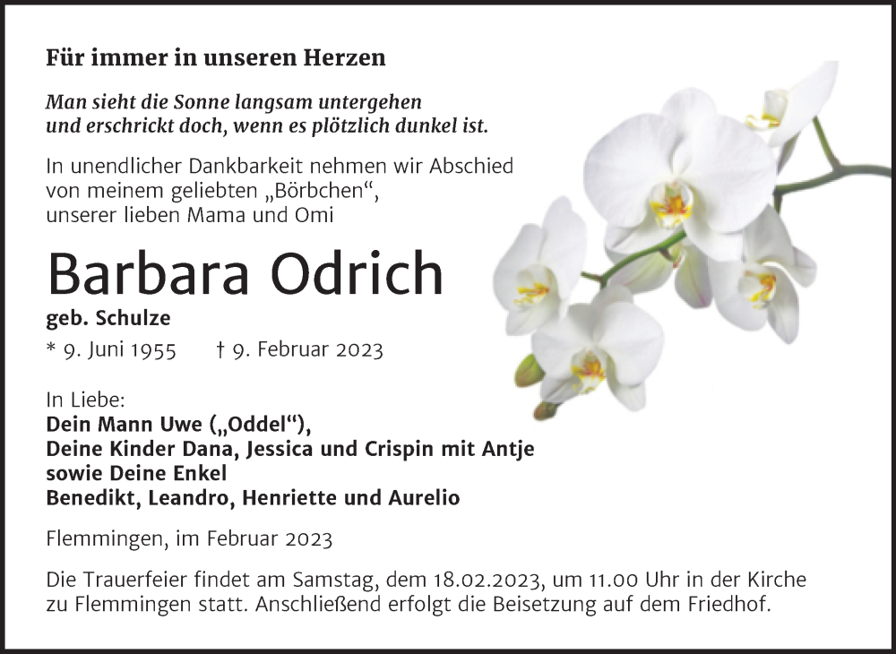  Traueranzeige für Barbara Odrich vom 15.02.2023 aus Naumburger Tageblatt