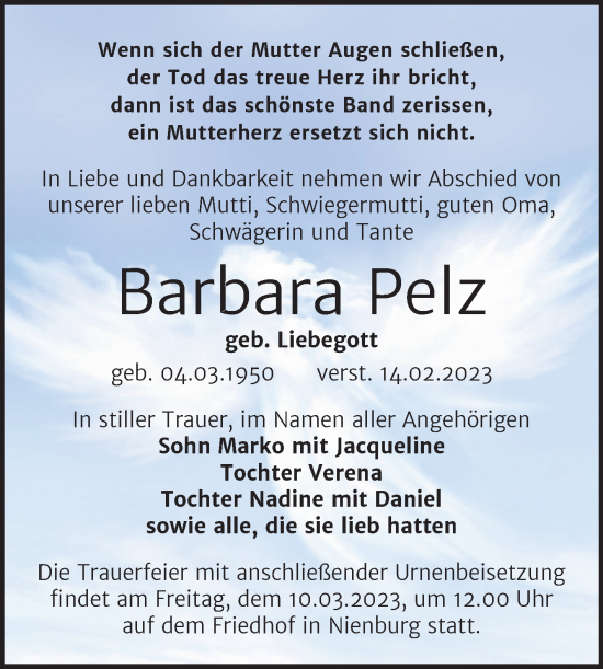 Traueranzeige von Barbara Pelz von Trauerkombi Bernburg