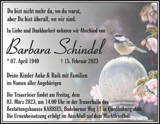 Traueranzeige von Barbara Schindel von Trauerkombi Quedlinburg