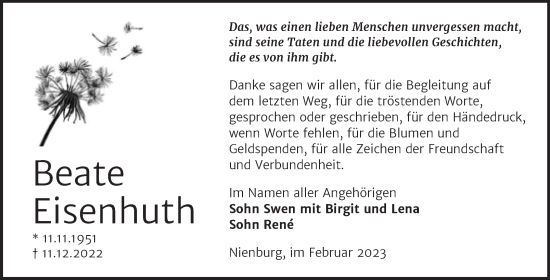 Traueranzeige von Beate Eisenhuth von Trauerkombi Bernburg