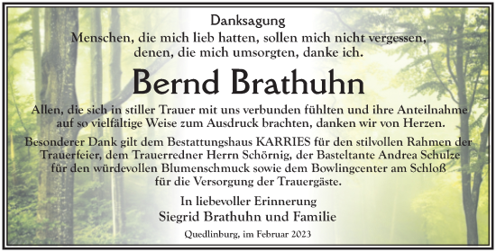 Traueranzeige von Bernd Brathuhn von Trauerkombi Quedlinburg