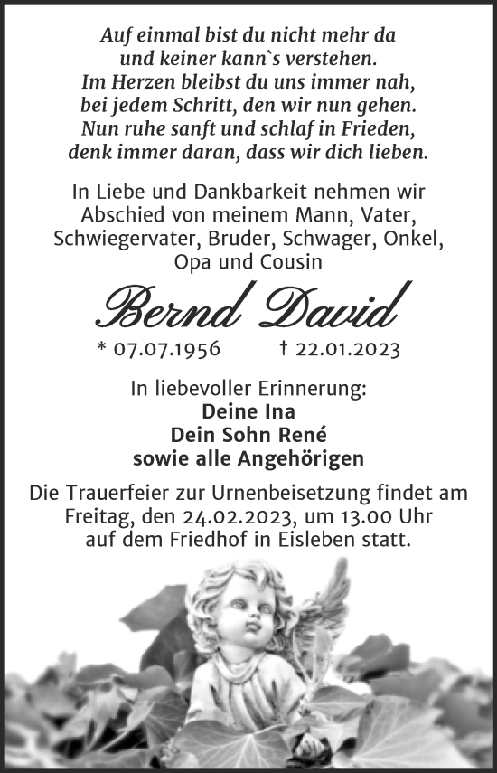 Traueranzeige von Bernd David von Trauerkombi Mansfelder Land