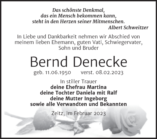 Traueranzeige von Bernd Denecke von Trauerkombi Zeitz