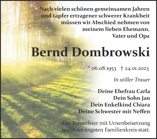 Traueranzeige von Bernd Dombrowski von Trauerkombi Bitterfeld