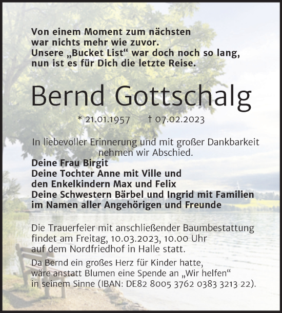 Traueranzeige von Bernd Gottschalg von Mitteldeutsche Zeitung Halle/Saalkreis