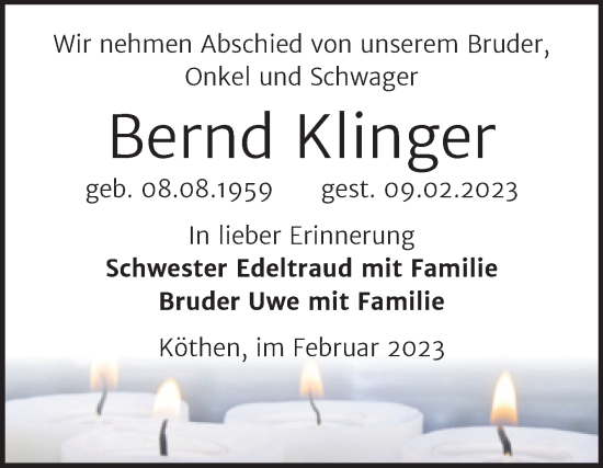 Traueranzeige von Bernd Klinger von Trauerkombi Köthen