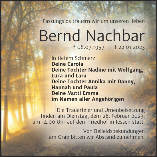 Traueranzeige von Bernd Nachbar von Trauerkombi Wittenberg