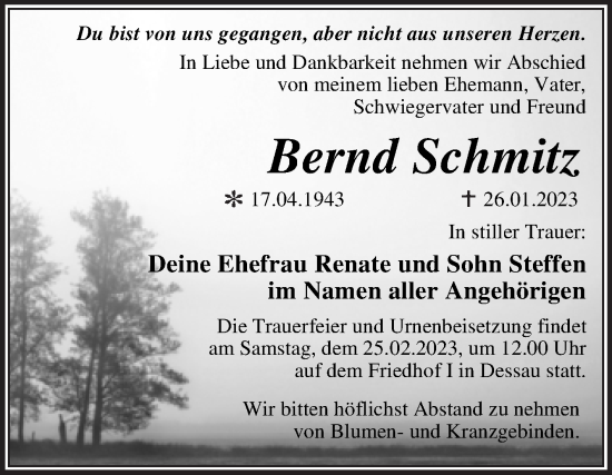 Traueranzeige von Bernd Schmitz von Trauerkombi Dessau